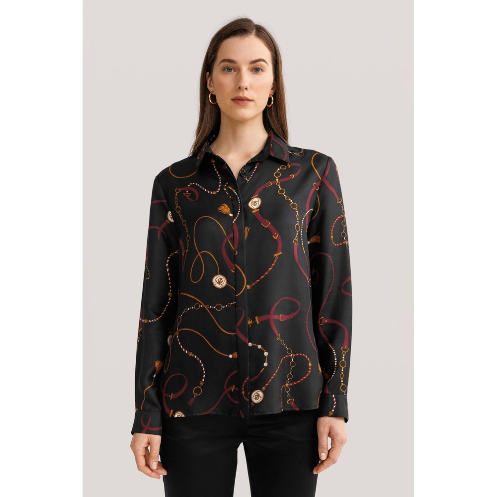 Lilysilk Louisville Print Silk Shirt Black Equestrian Chain Belt Blouse M - Picture 14 of 15